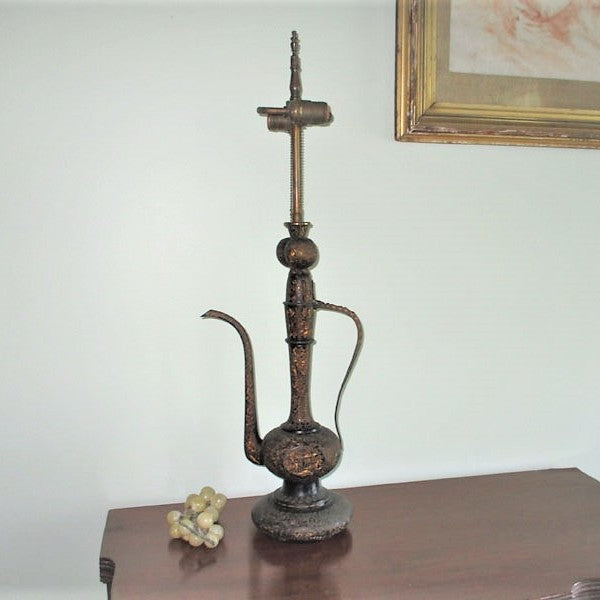 Antique Tall Engraved Brass Moghul Surahi Aftaba Ewer Lamp