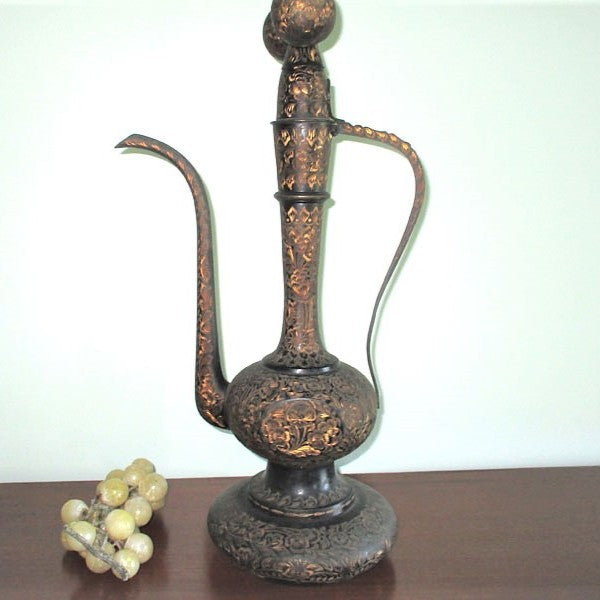 Antique Tall Engraved Brass Moghul Surahi Aftaba Ewer Lamp