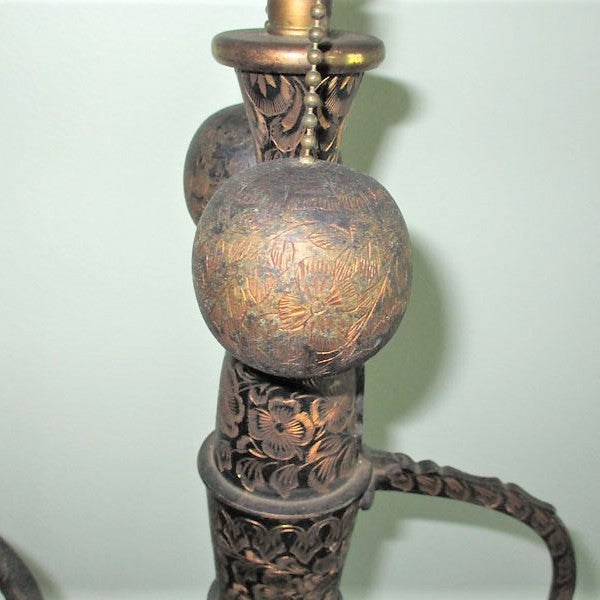 Antique Tall Engraved Brass Moghul Surahi Aftaba Ewer Lamp