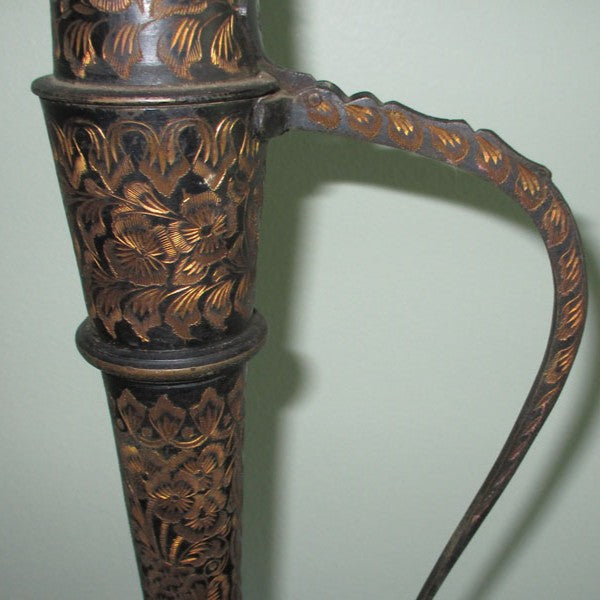 Antique Tall Engraved Brass Moghul Surahi Aftaba Ewer Lamp