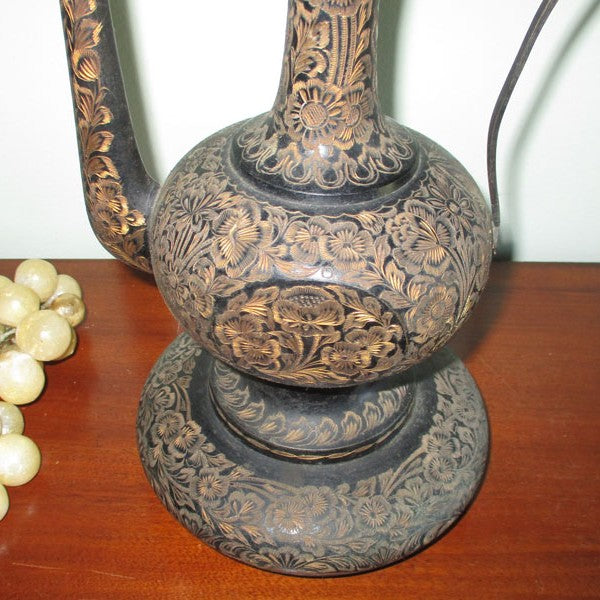 Antique Tall Engraved Brass Moghul Surahi Aftaba Ewer Lamp