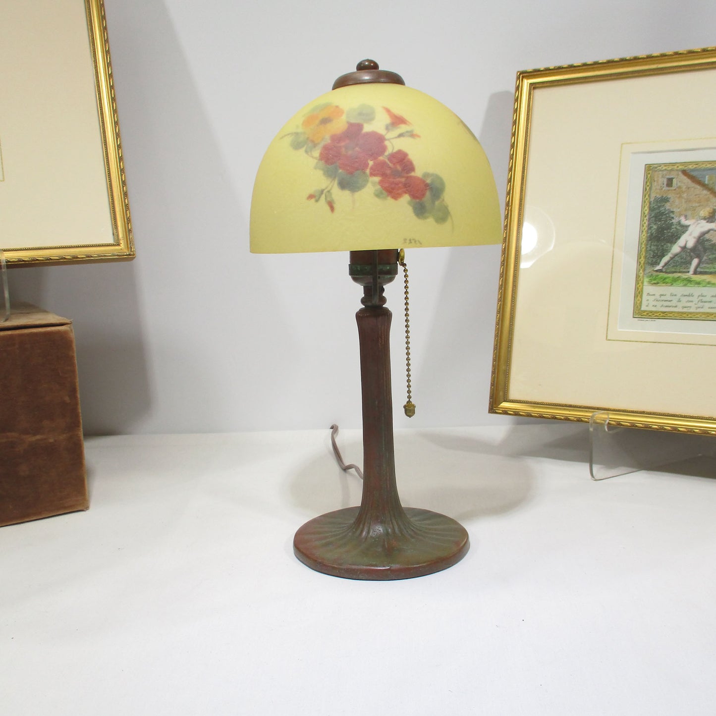Handel Reverse Painted Arts and Crafts Desk or Boudoir Bronze Lamp Signed 1522