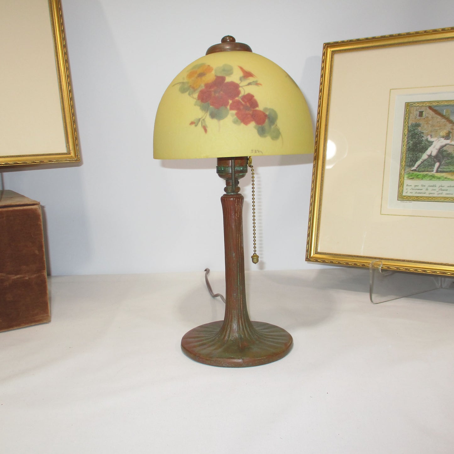 Handel Reverse Painted Arts and Crafts Desk or Boudoir Bronze Lamp Signed 1522