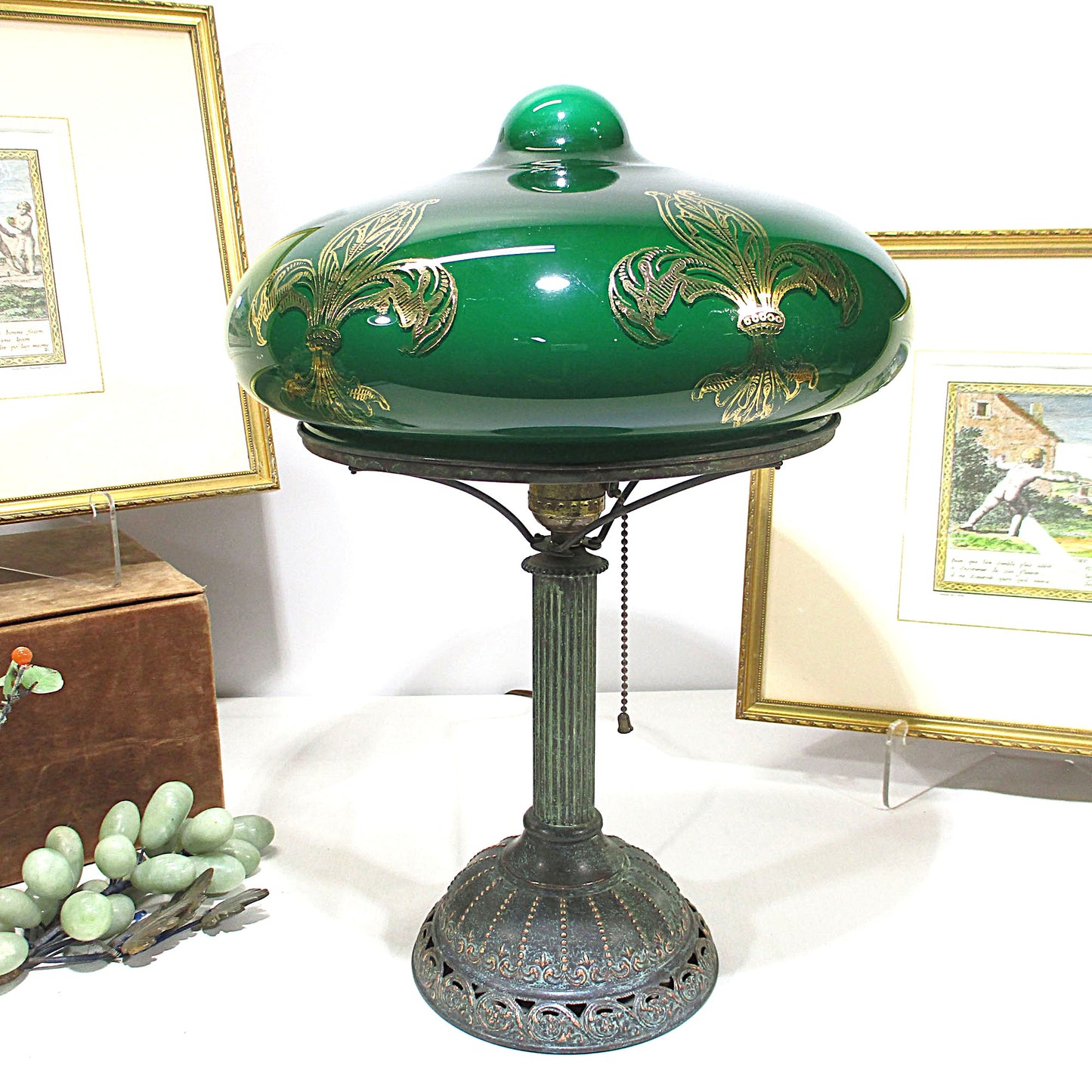 Bradley and Hubbard Lily Lamp with Green Cased Glass Fleur De Lis Lily Shade PG28