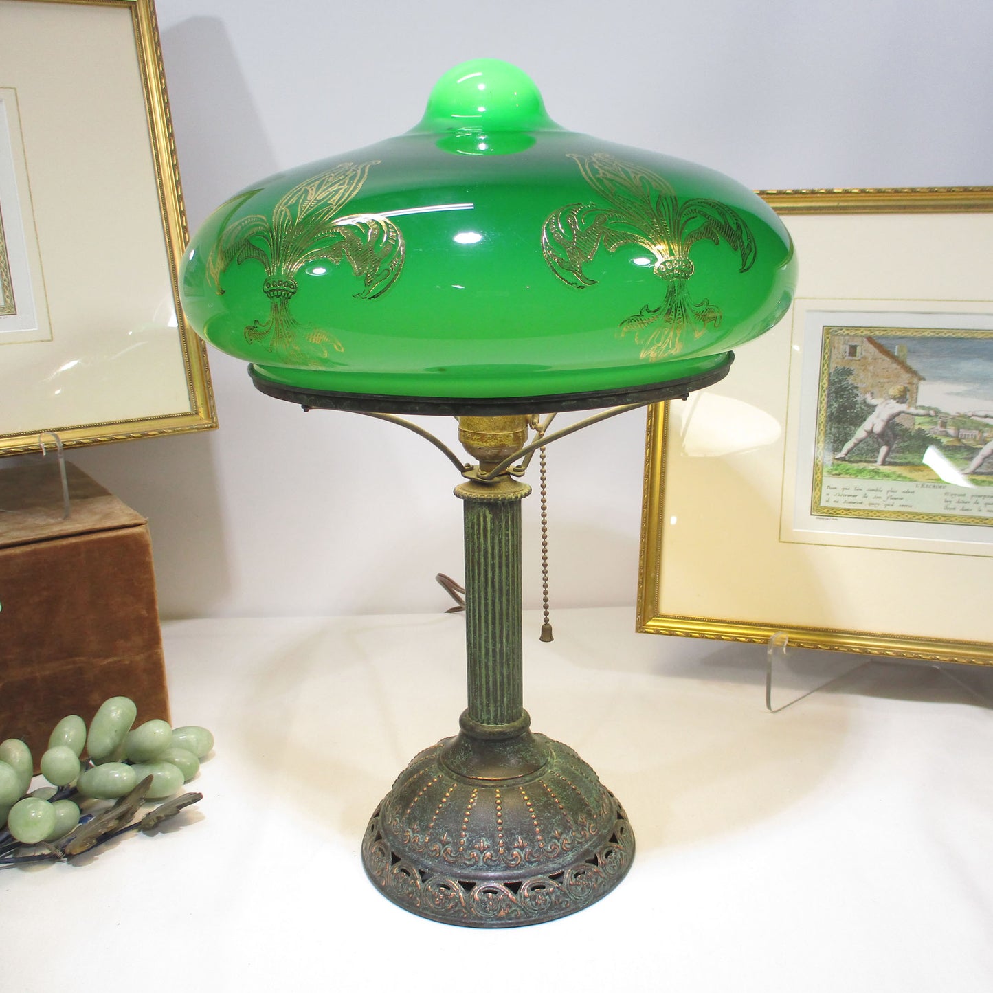 Bradley and Hubbard Lily Lamp with Green Cased Glass Fleur De Lis Lily Shade PG28