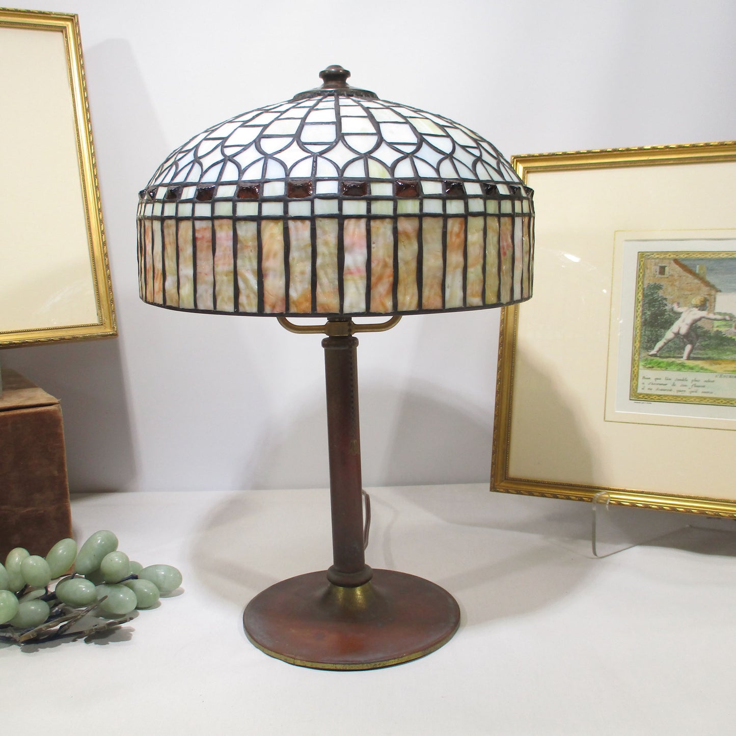 Arts and Crafts Antique Brass Lamp Base Stained Slag Glass Shade