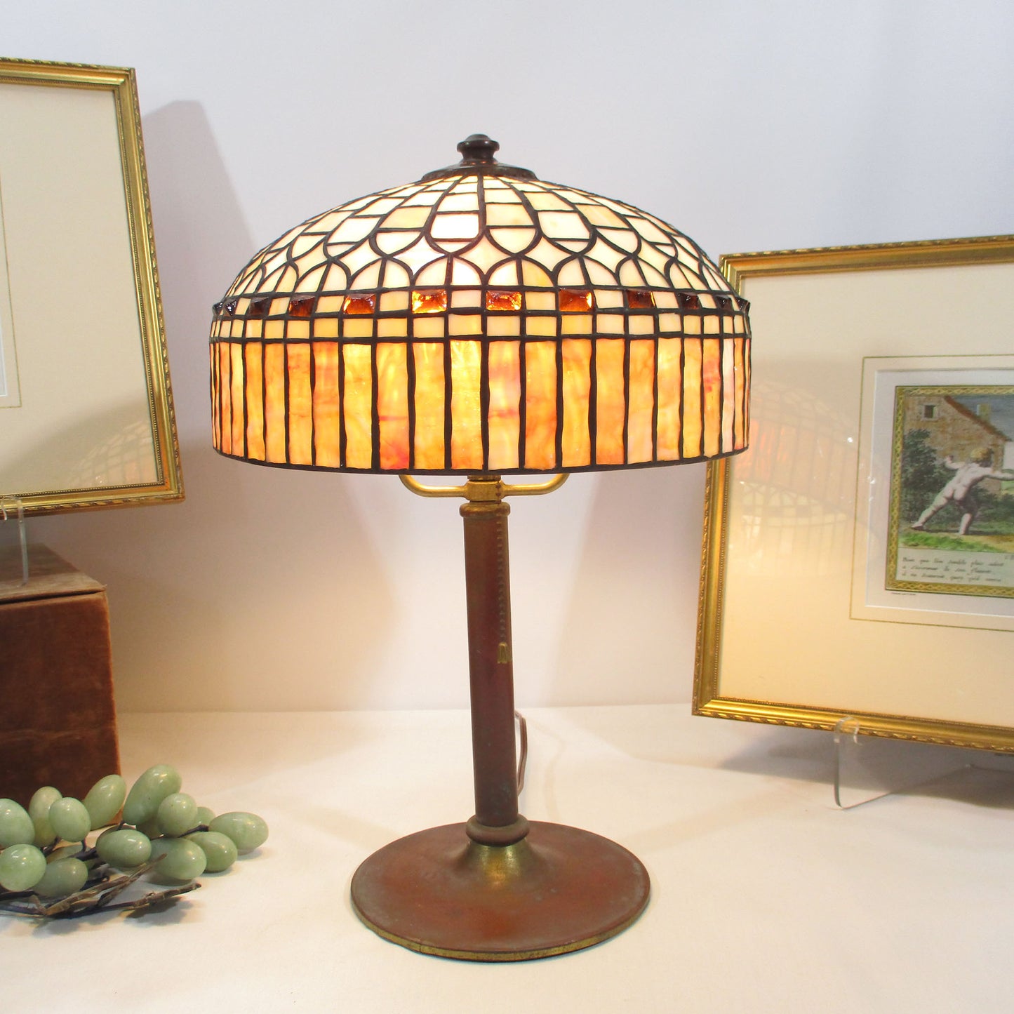 Arts and Crafts Antique Brass Lamp Base Stained Slag Glass Shade