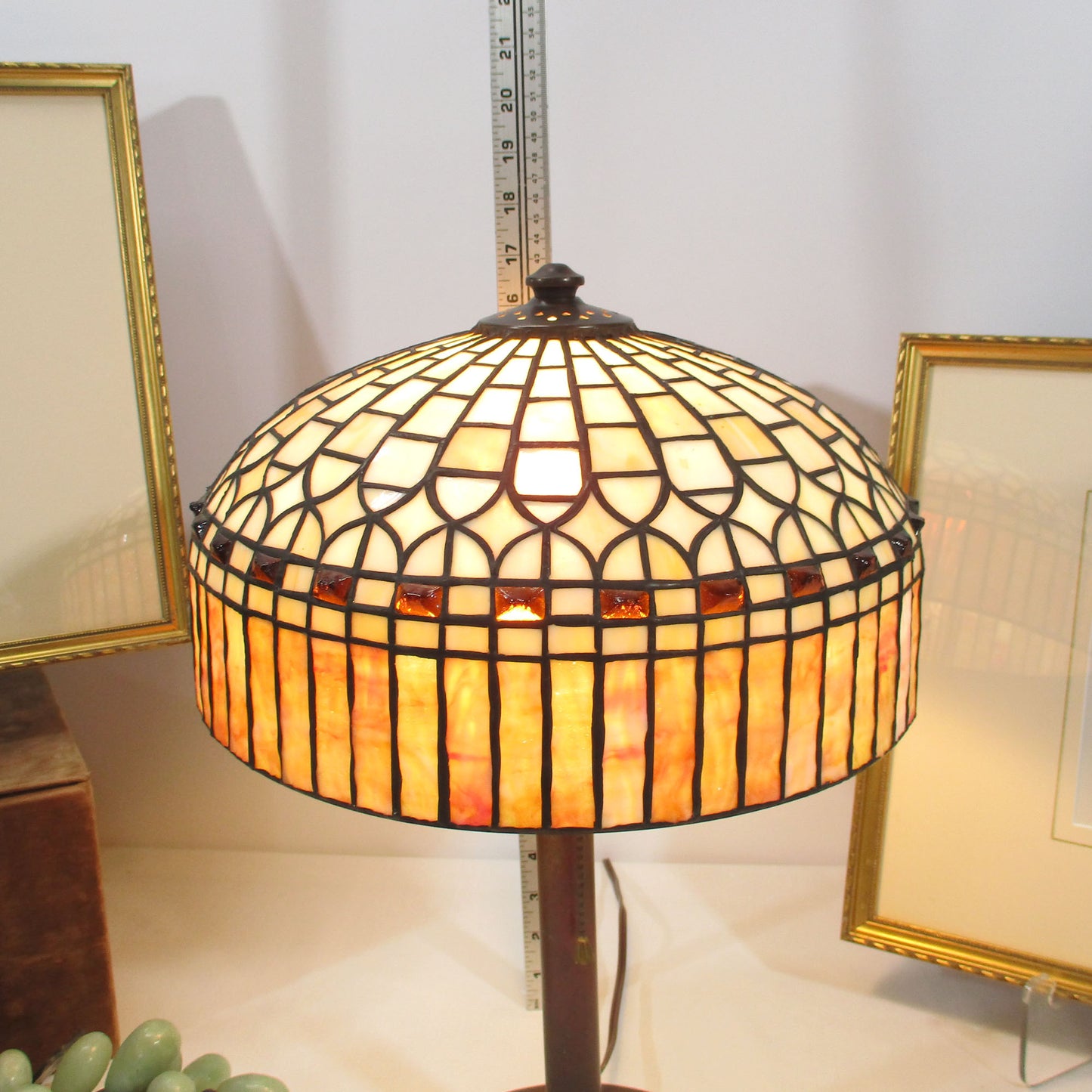 Arts and Crafts Antique Brass Lamp Base Stained Slag Glass Shade
