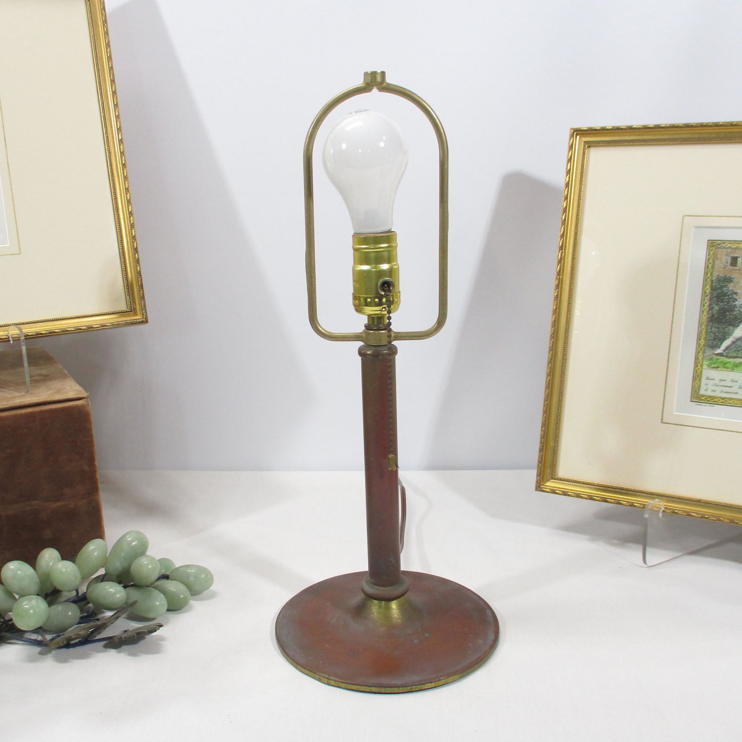 Arts and Crafts Antique Brass Lamp Base Stained Slag Glass Shade