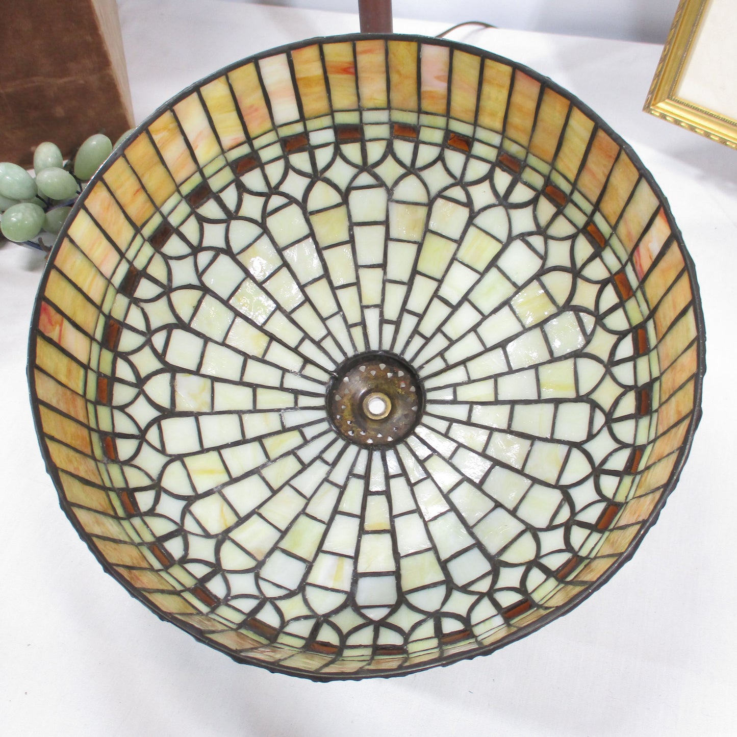 Arts and Crafts Antique Brass Lamp Base Stained Slag Glass Shade