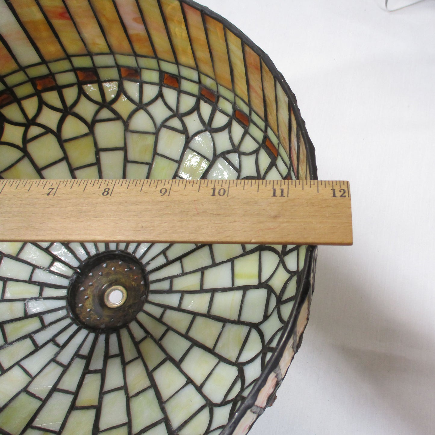 Arts and Crafts Antique Brass Lamp Base Stained Slag Glass Shade
