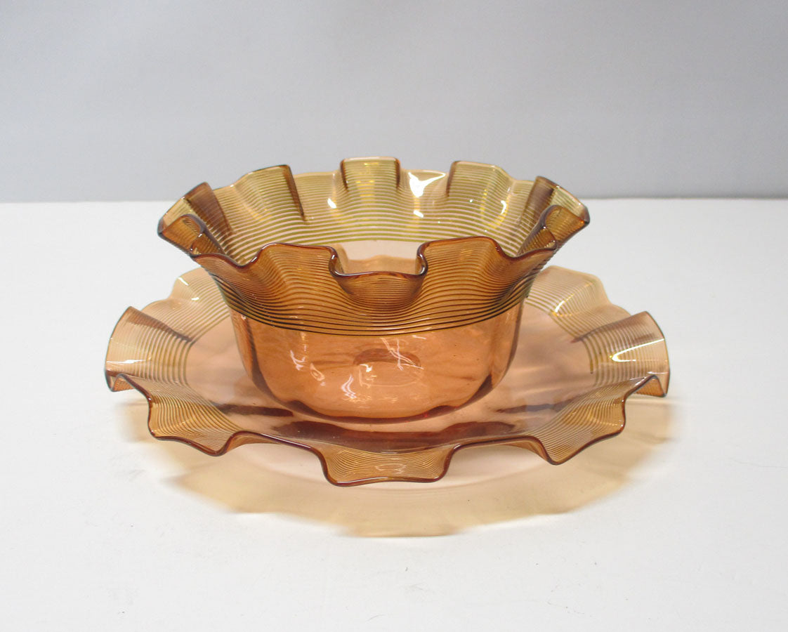 Stevens and Williams Victorian Glass Bowl and Undertray Threaded Cranberry Glass