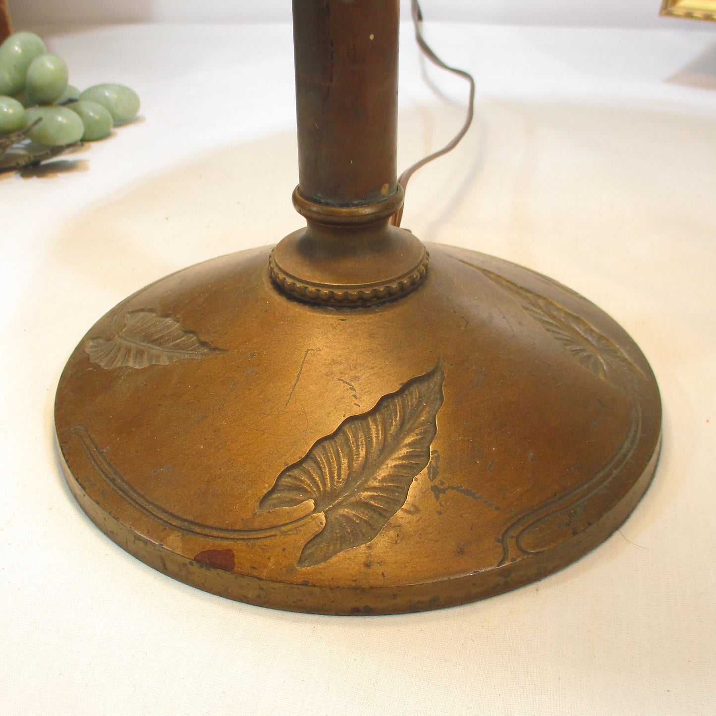 Arts and Crafts Antique Brass Lamp Base Stained Slag Glass Shade