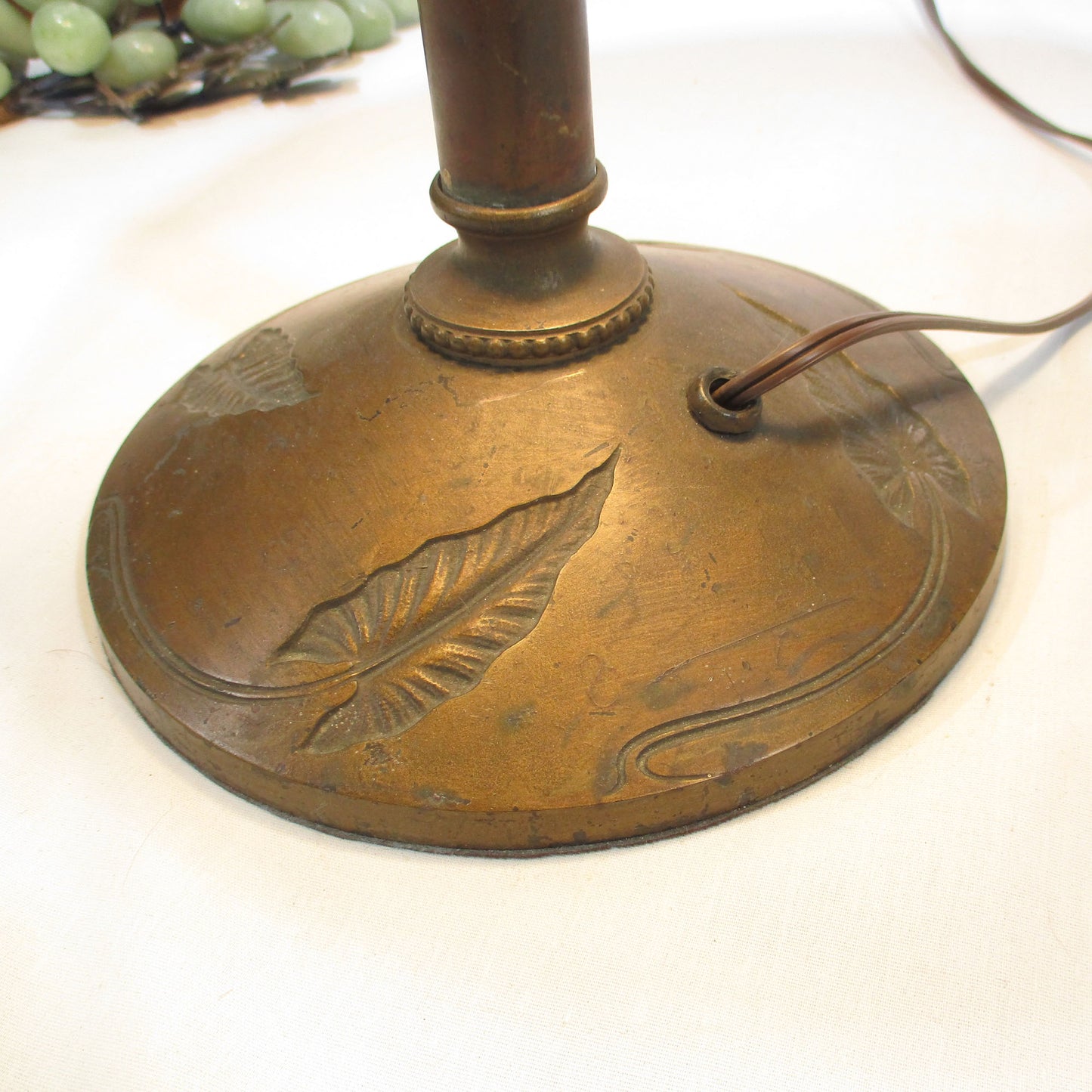 Arts and Crafts Antique Brass Lamp Base Stained Slag Glass Shade