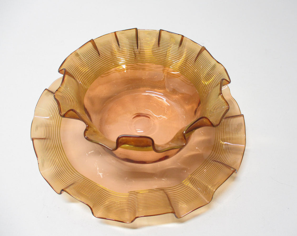 Stevens and Williams Victorian Glass Bowl and Undertray Threaded Cranberry Glass