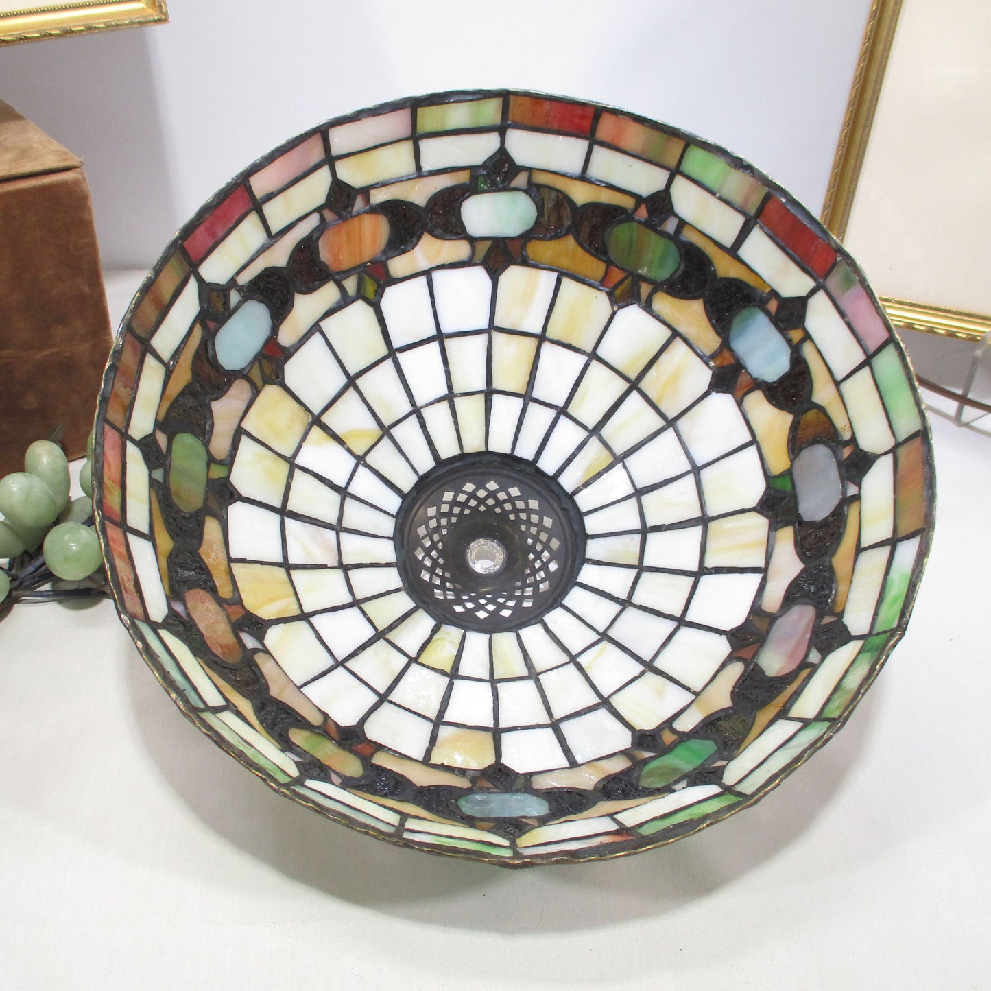 Leaded Stained Slag Glass Shade with Bradley and Hubbard Base