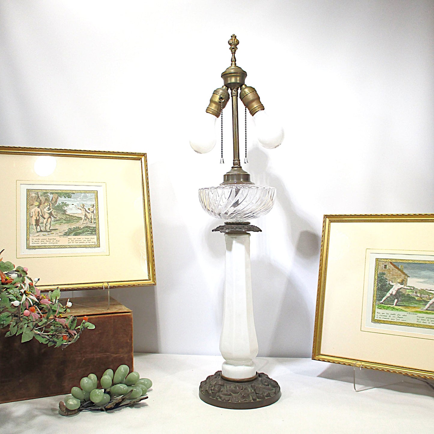 Hollywood Regency Bronze and Opaline Glass Double Light Lamp Paul Hanson PG 25