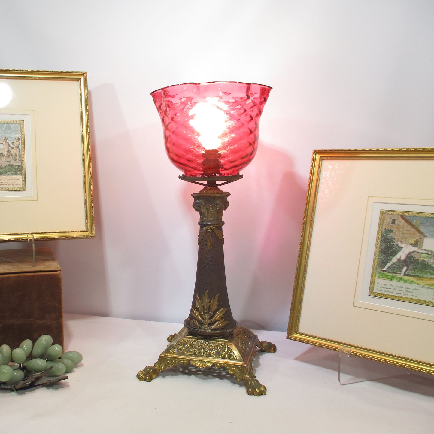 Victorian Brass and Quilted Diamond Cranberry Art Glass Torchiere Lamp B & H