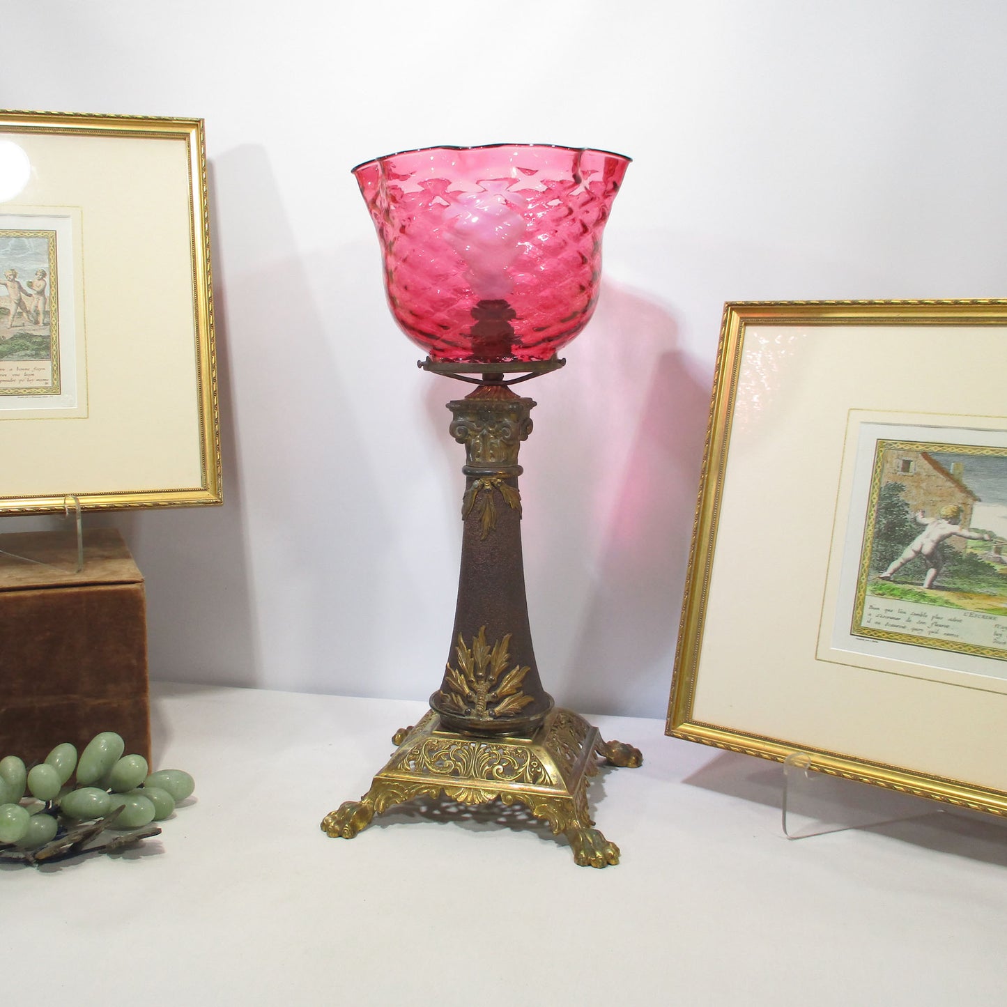 Victorian Brass and Quilted Diamond Cranberry Art Glass Torchiere Lamp B & H