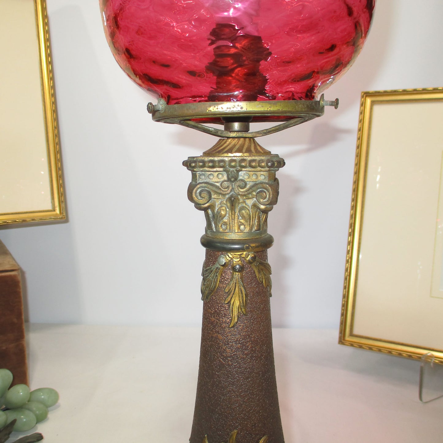 Victorian Brass and Quilted Diamond Cranberry Art Glass Torchiere Lamp B & H