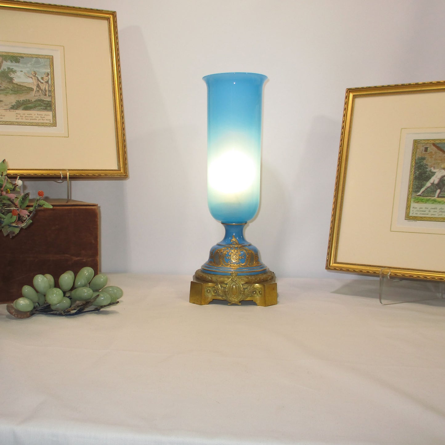 Sevres Bronze and Baccarat Blue Opaline Glass Torchiere Lamp