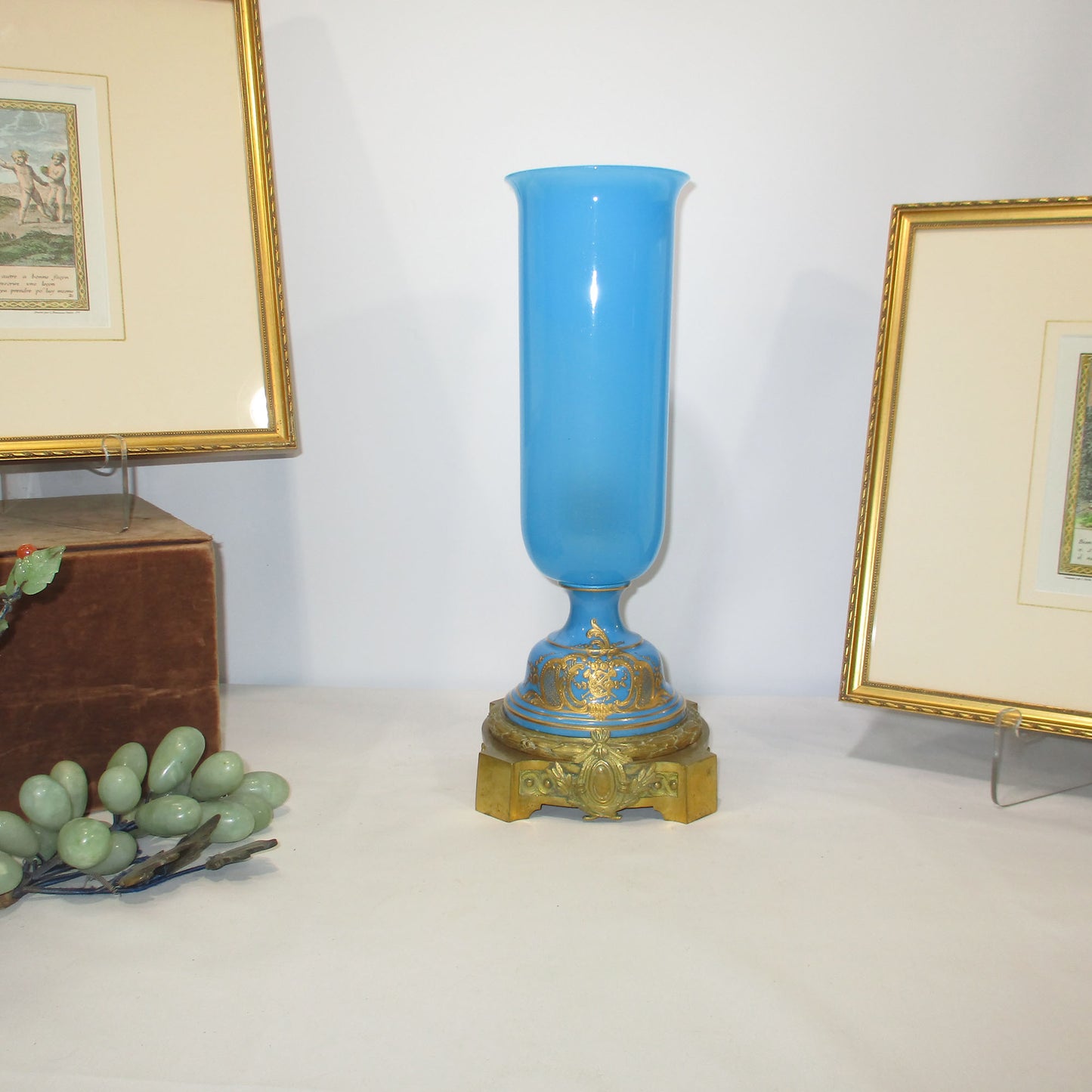 Sevres Bronze and Baccarat Blue Opaline Glass Torchiere Lamp