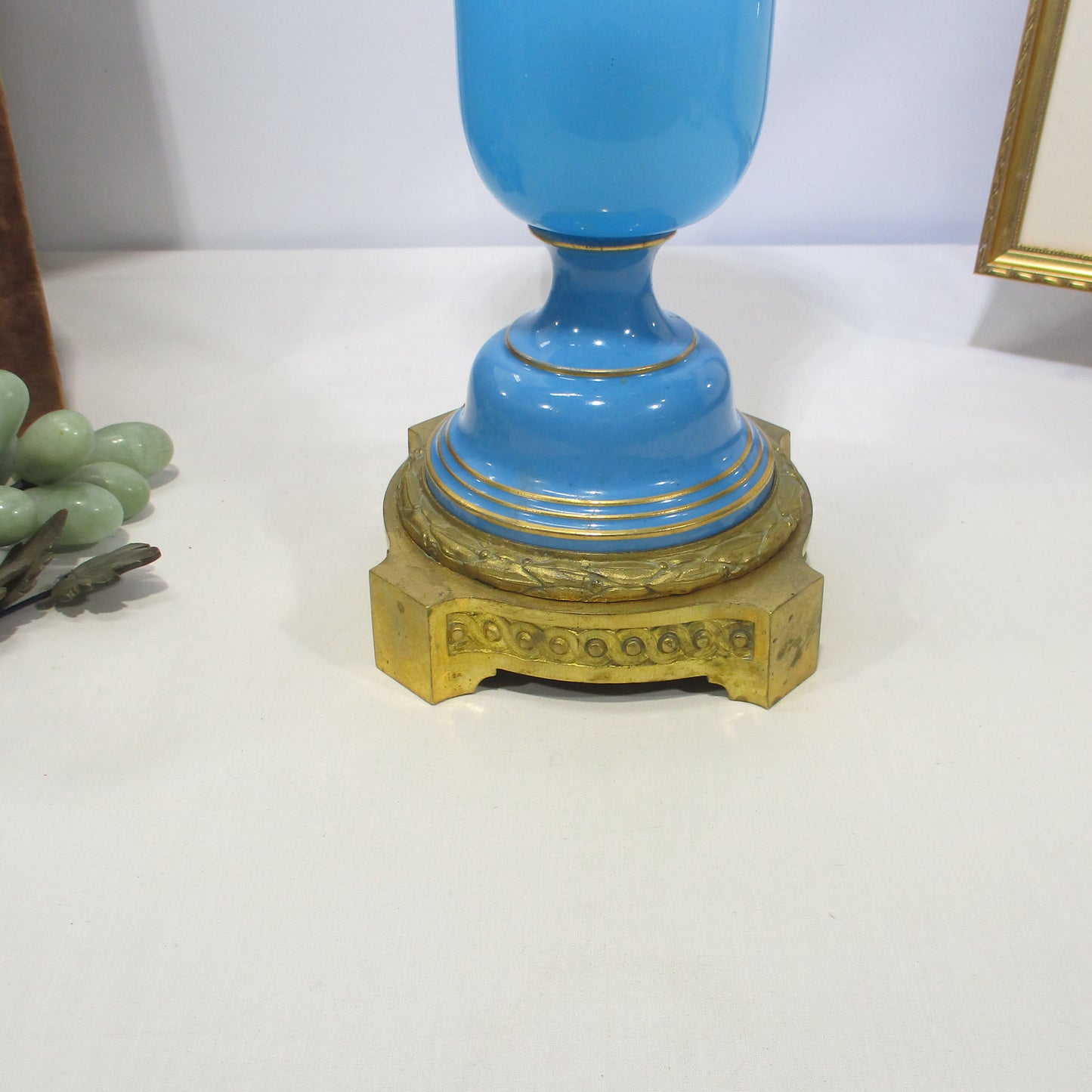 Sevres Bronze and Baccarat Blue Opaline Glass Torchiere Lamp