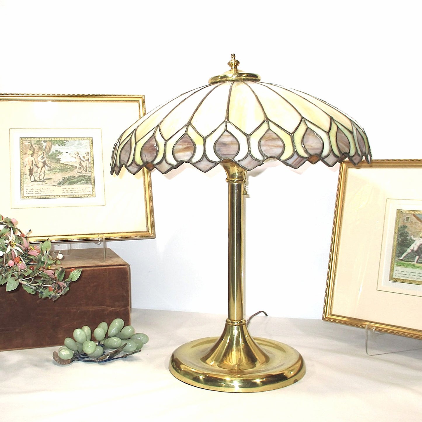 D. L. Neuhauser Peacock Shade Leaded Stained Slag Glass Lamp PG 52