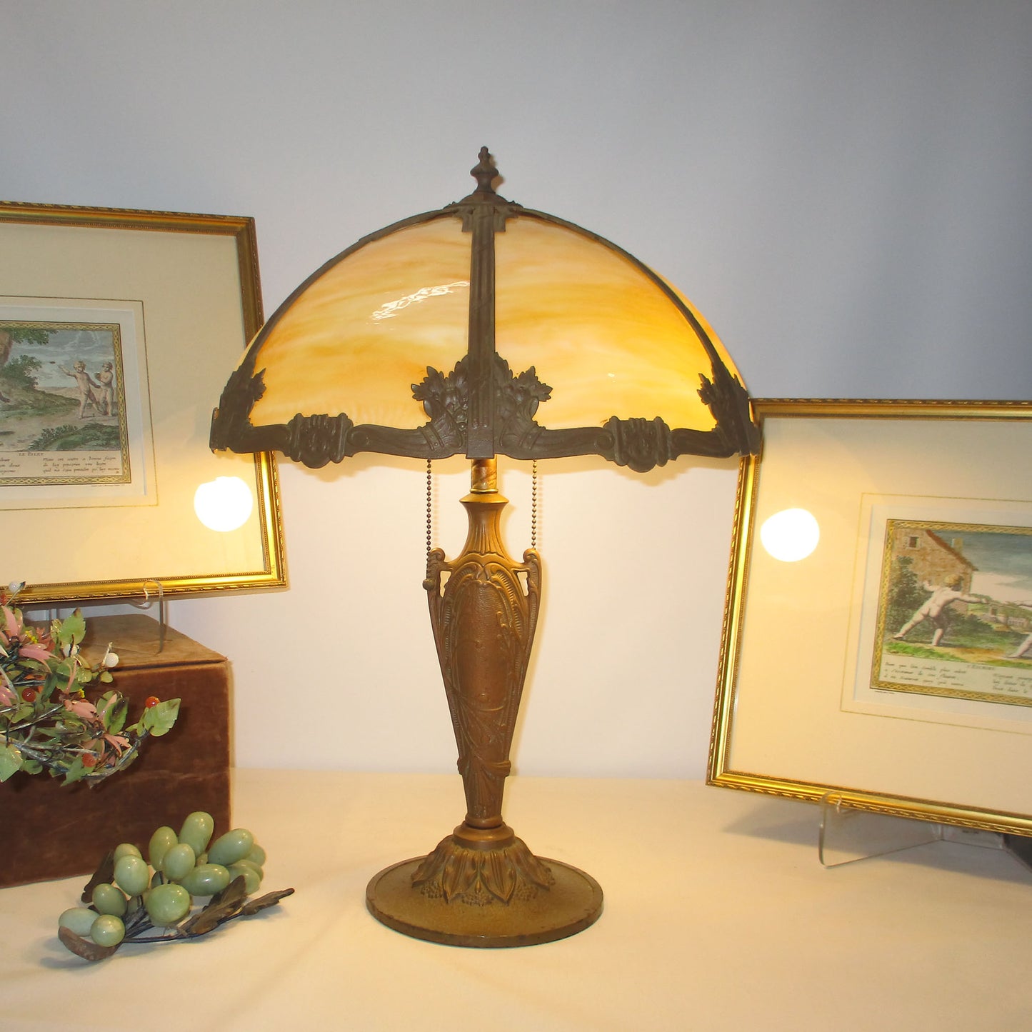 Miller Arts and Crafts Bent Panel Slag Glass Double Light Lamp 1920's
