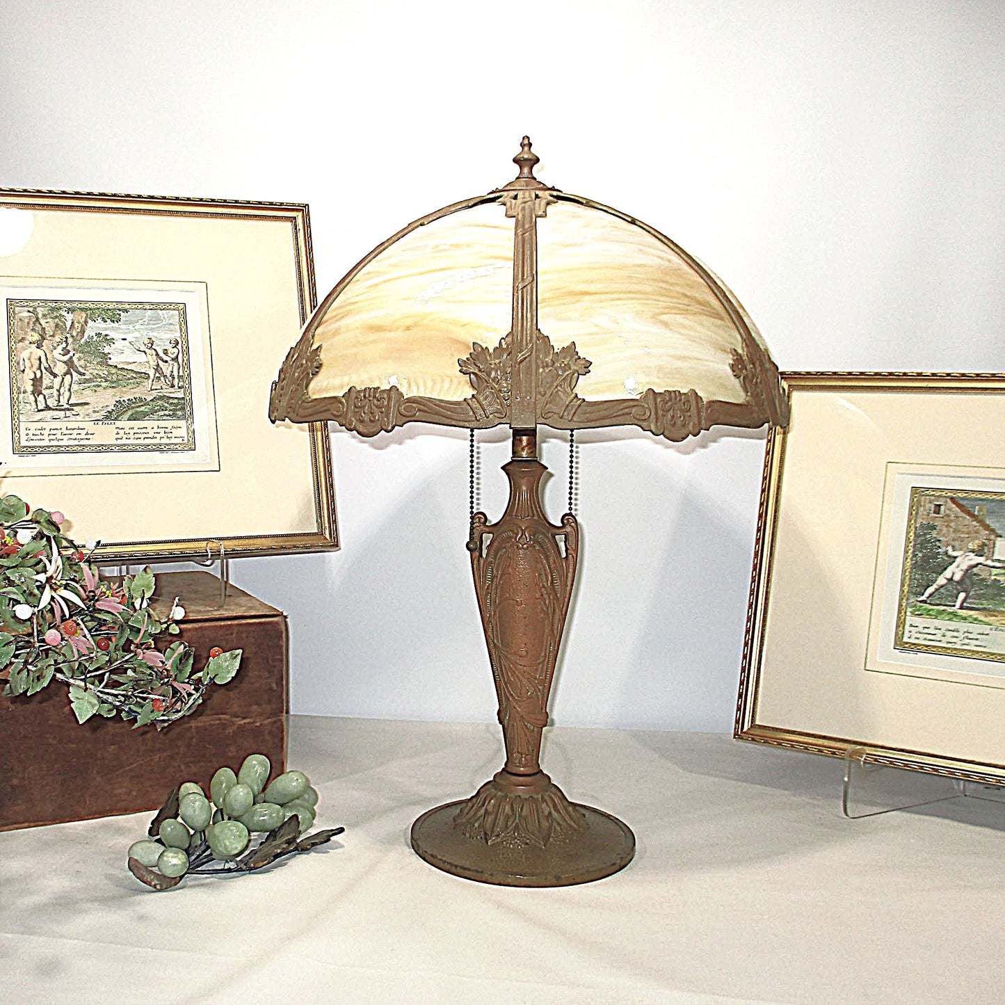 Miller Arts and Crafts Bent Panel Slag Glass Double Light Lamp 1920's