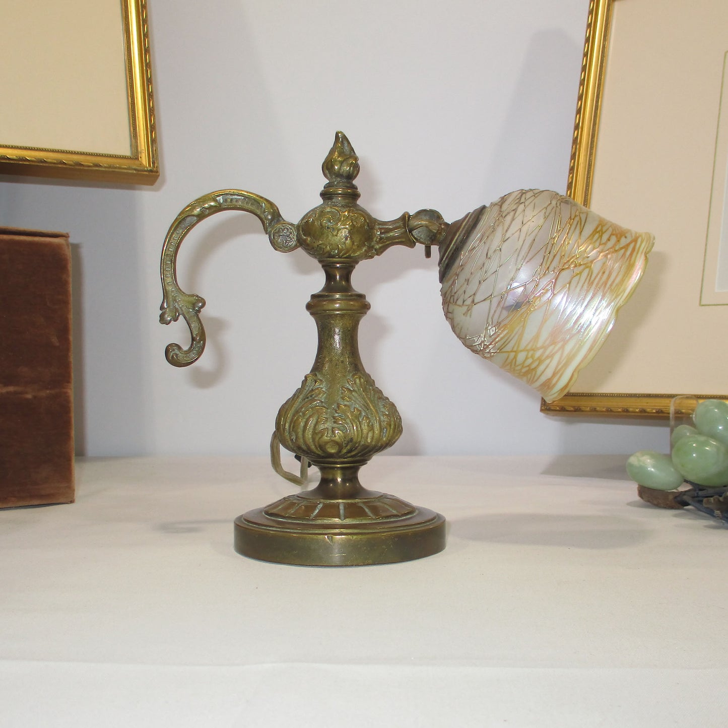 Quezal Threaded Aurene Hearts and Vines Bronze Table or Wall Mount Lamp PG 2