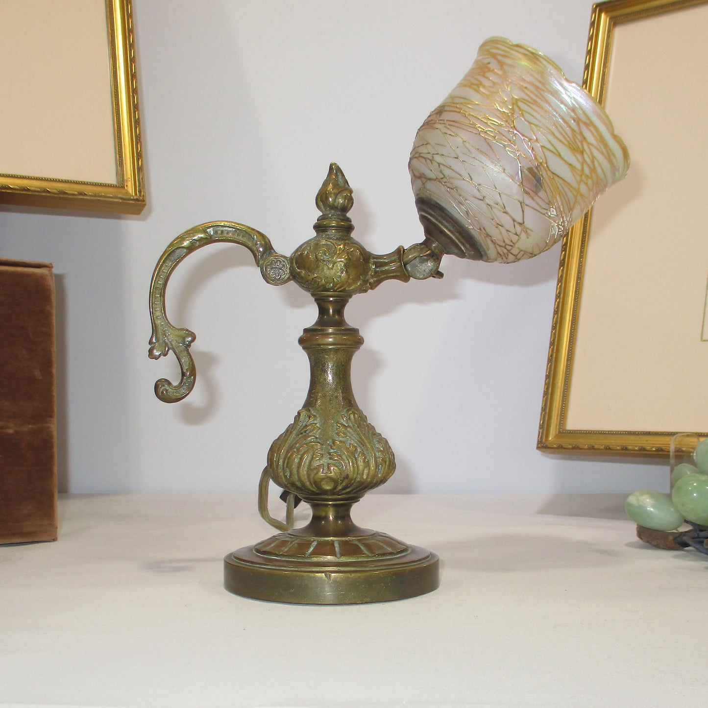 Quezal Threaded Aurene Hearts and Vines Bronze Table or Wall Mount Lamp PG 2