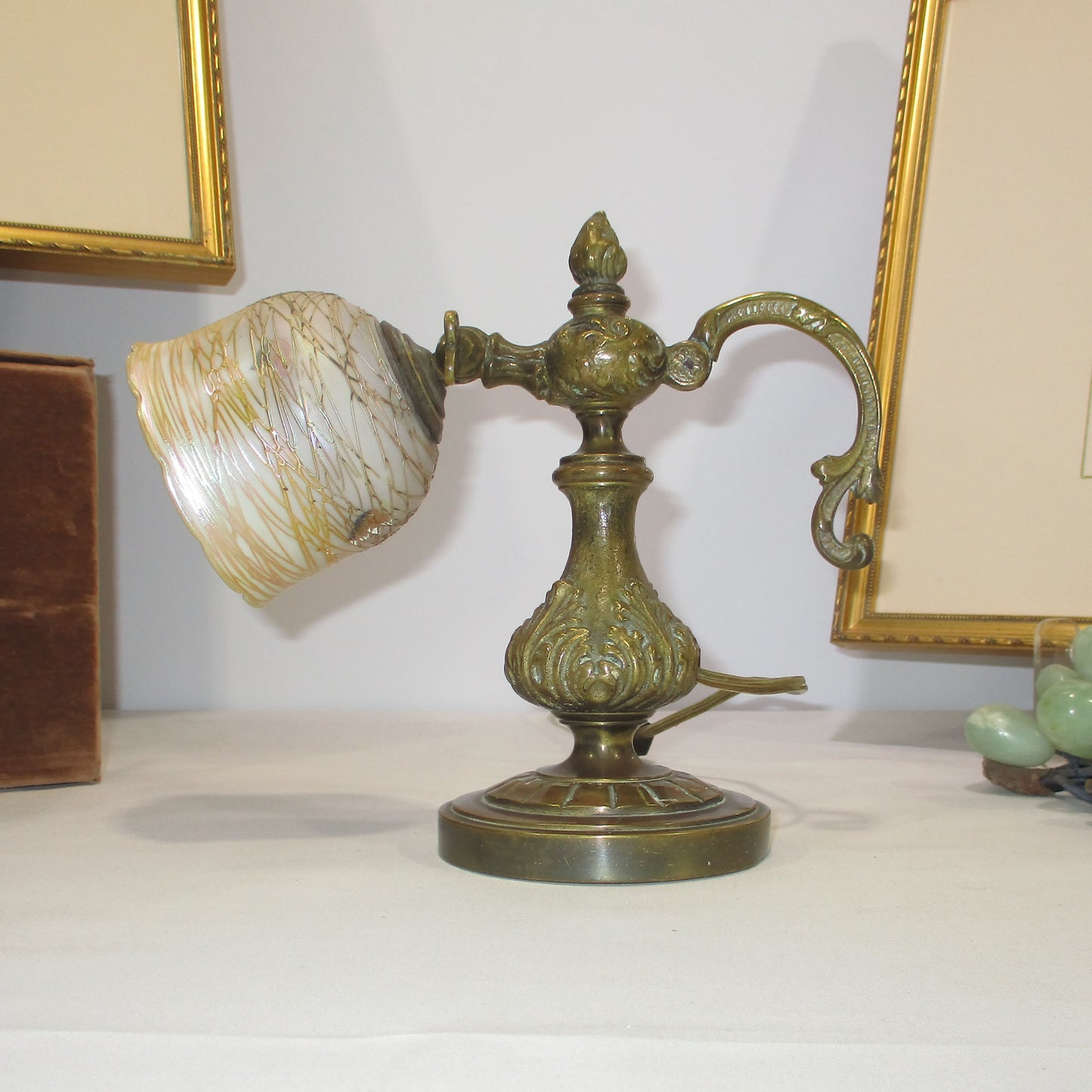 Quezal Threaded Aurene Hearts and Vines Bronze Table or Wall Mount Lamp PG 2