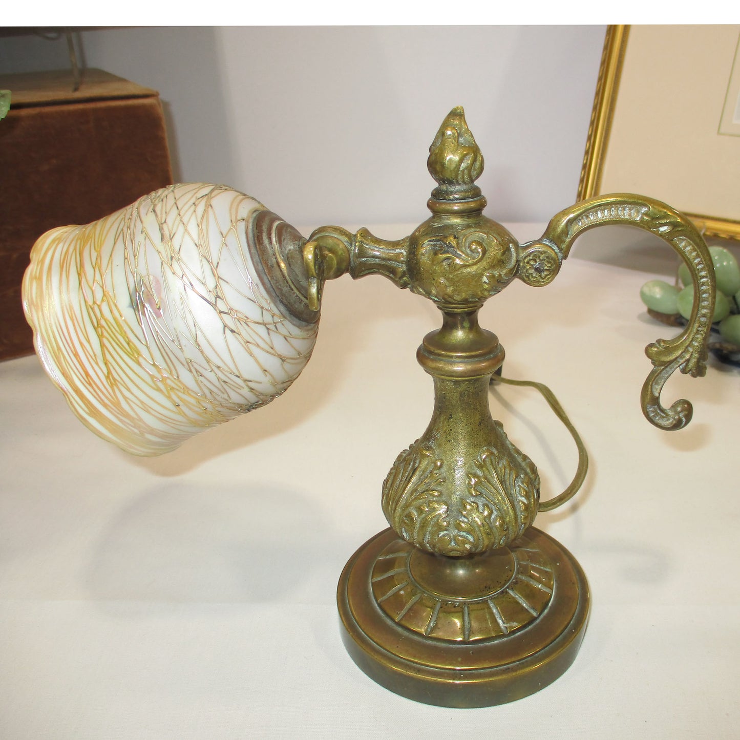 Quezal Threaded Aurene Hearts and Vines Bronze Table or Wall Mount Lamp PG 2