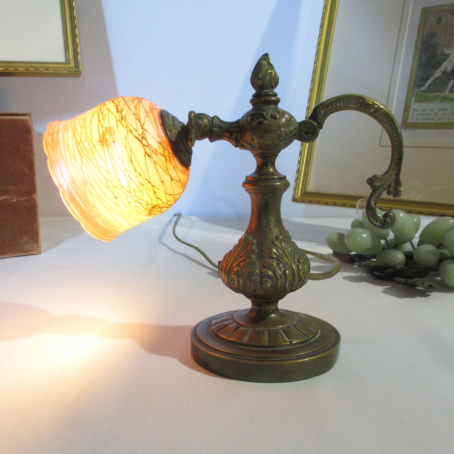 Quezal Threaded Aurene Hearts and Vines Bronze Table or Wall Mount Lamp PG 2