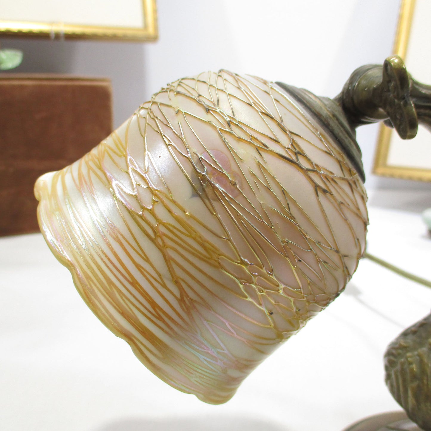 Quezal Threaded Aurene Hearts and Vines Bronze Table or Wall Mount Lamp PG 2