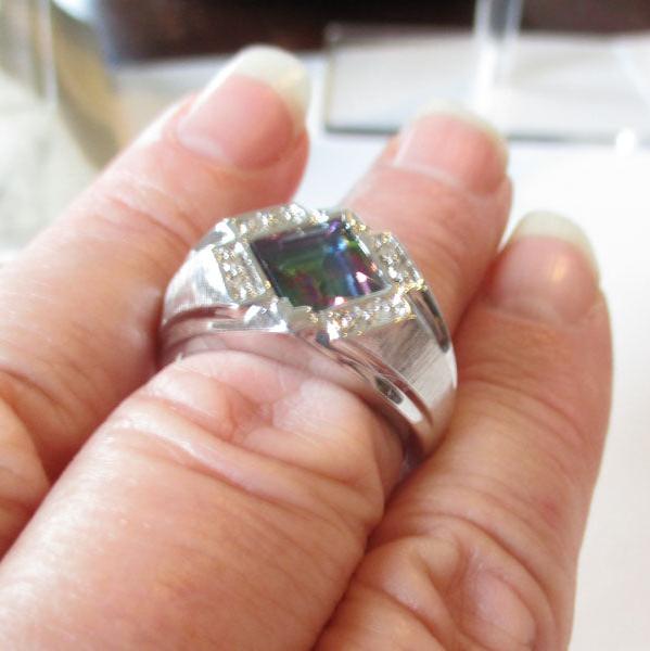 Gr 122 Sterling Silver, Mystic Topaz and 1/10 Carat Diamond Signet Ring Size 11