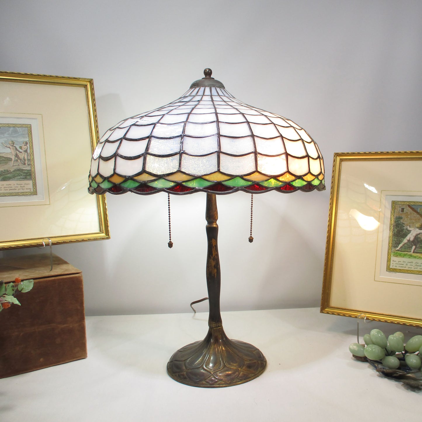 Signed D.L. Neuhauser, Chicago Solid Brass Lamp Base with Leaded Slag Glass Shade. PG 31