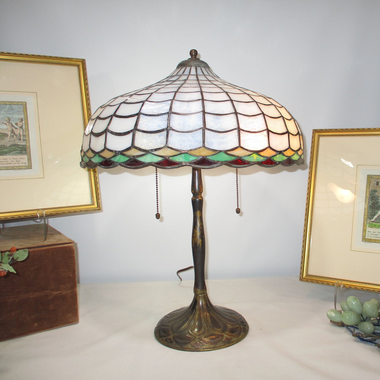 Signed D.L. Neuhauser, Chicago Solid Brass Lamp Base with Leaded Slag Glass Shade. PG 31