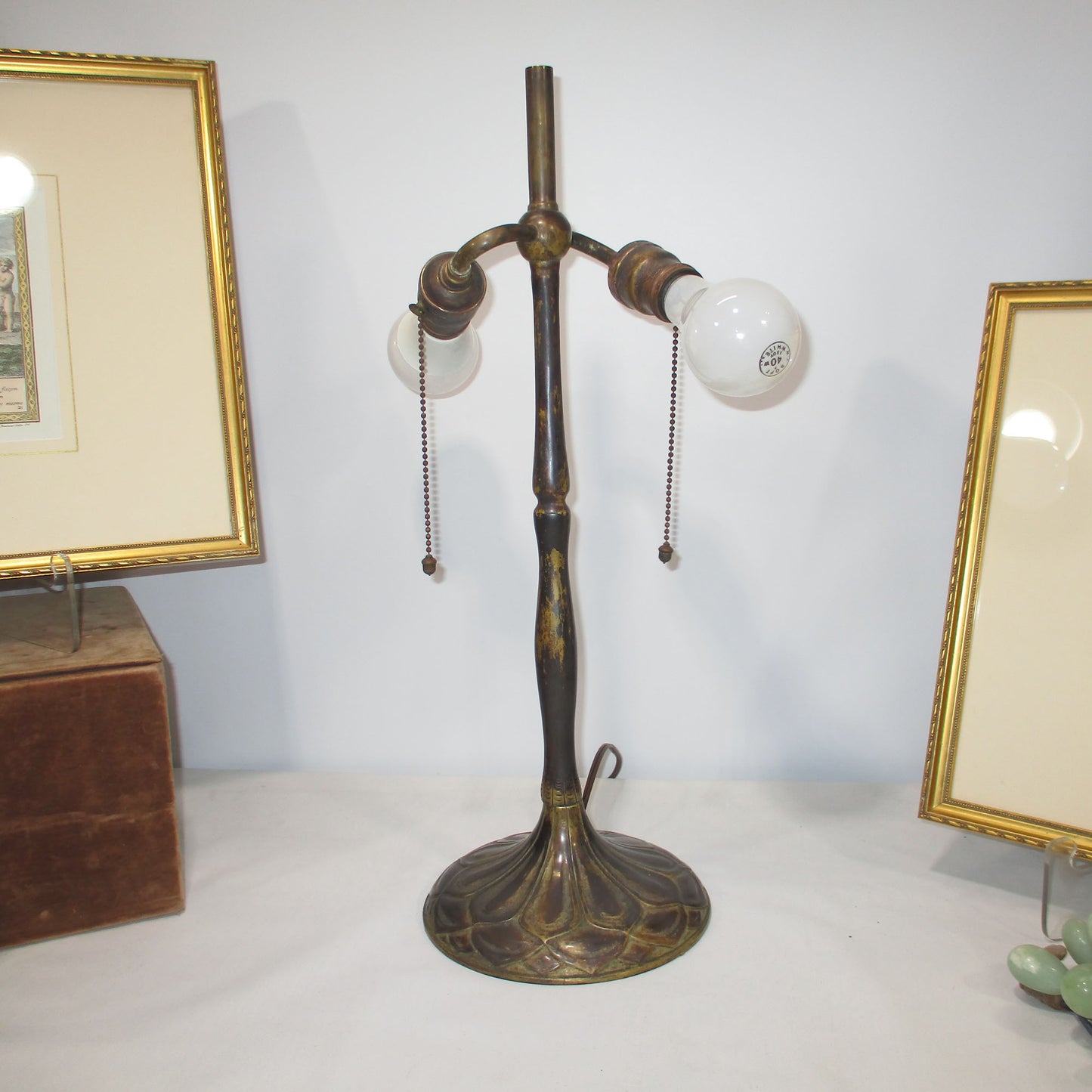 Signed D.L. Neuhauser, Chicago Solid Brass Lamp Base with Leaded Slag Glass Shade. PG 31