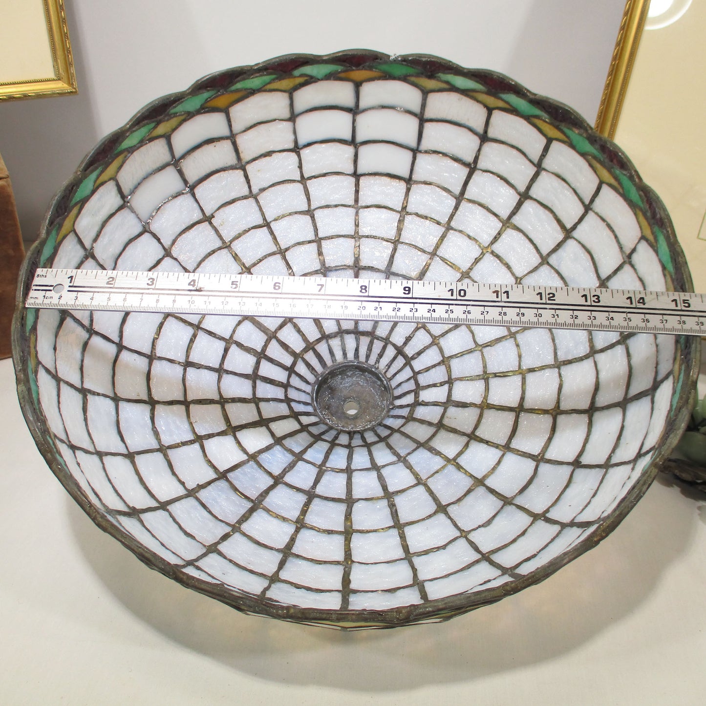 Signed D.L. Neuhauser, Chicago Solid Brass Lamp Base with Leaded Slag Glass Shade. PG 31