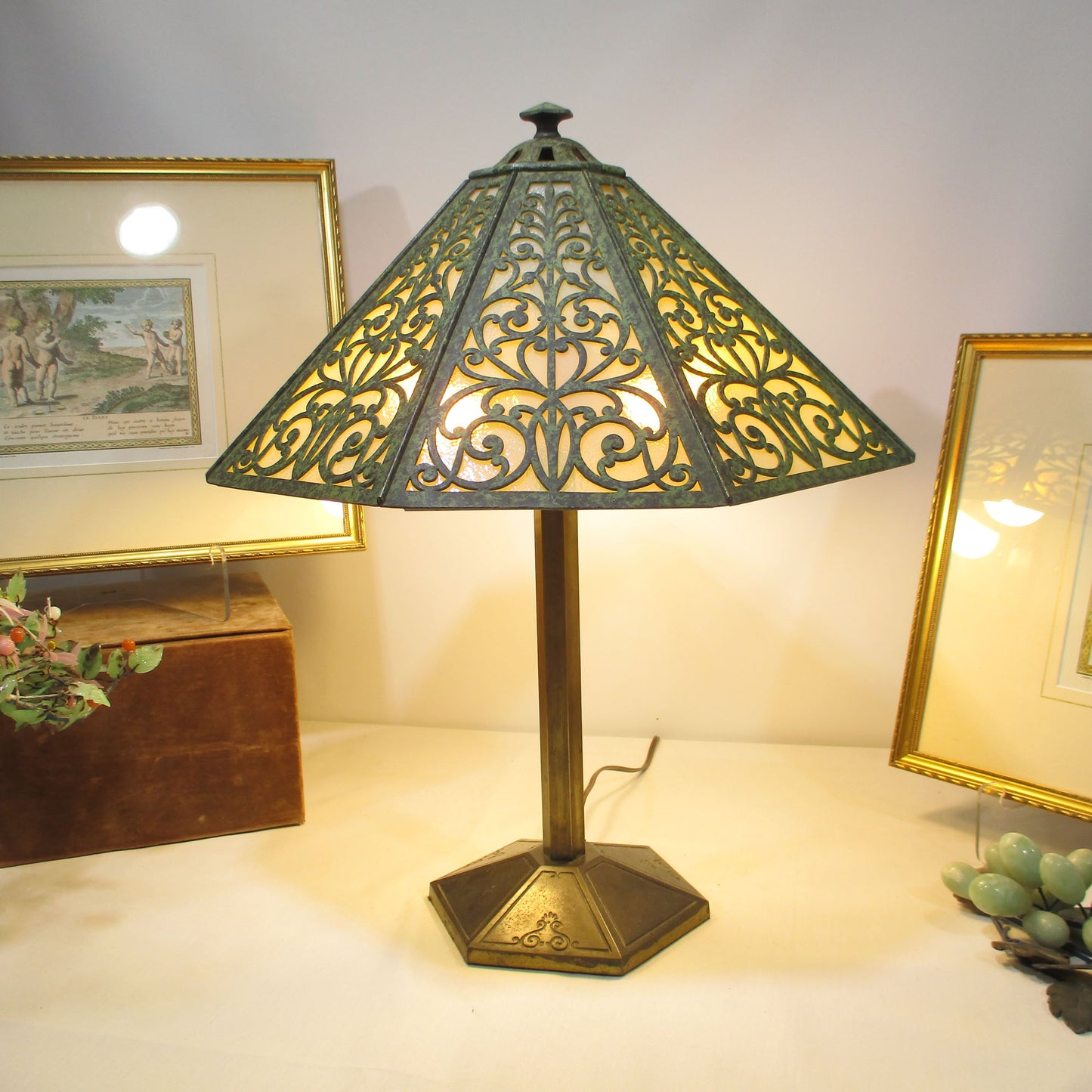 Signed Bradley and Hubbard Frog skin Slag Glass Triple Light Lamp 1920's PG 48