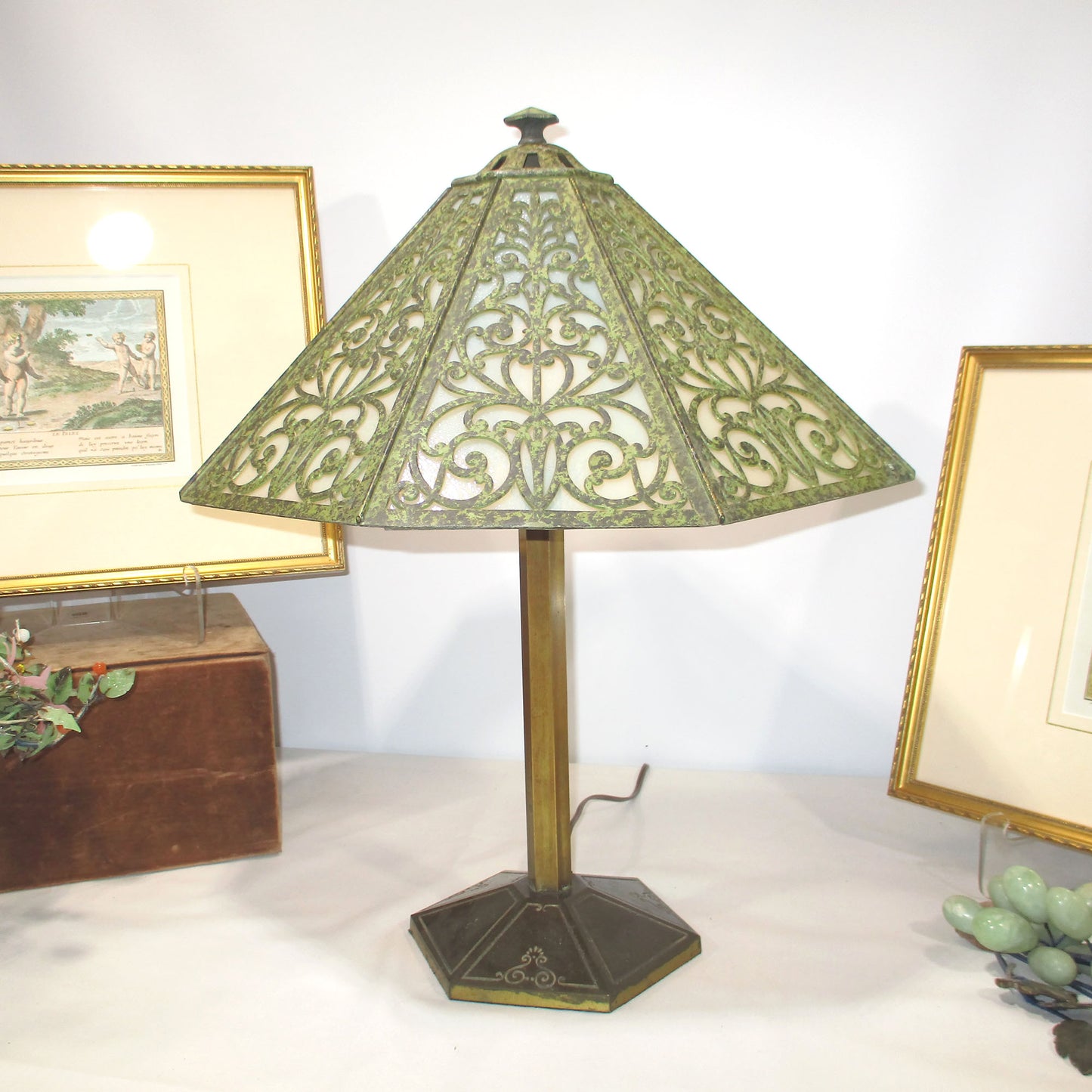 Signed Bradley and Hubbard Frog skin Slag Glass Triple Light Lamp 1920's PG 48