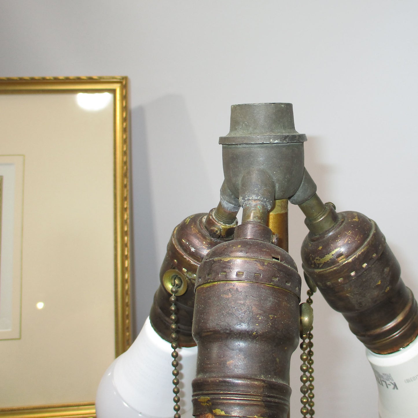 Signed Bradley and Hubbard Frog skin Slag Glass Triple Light Lamp 1920's PG 48
