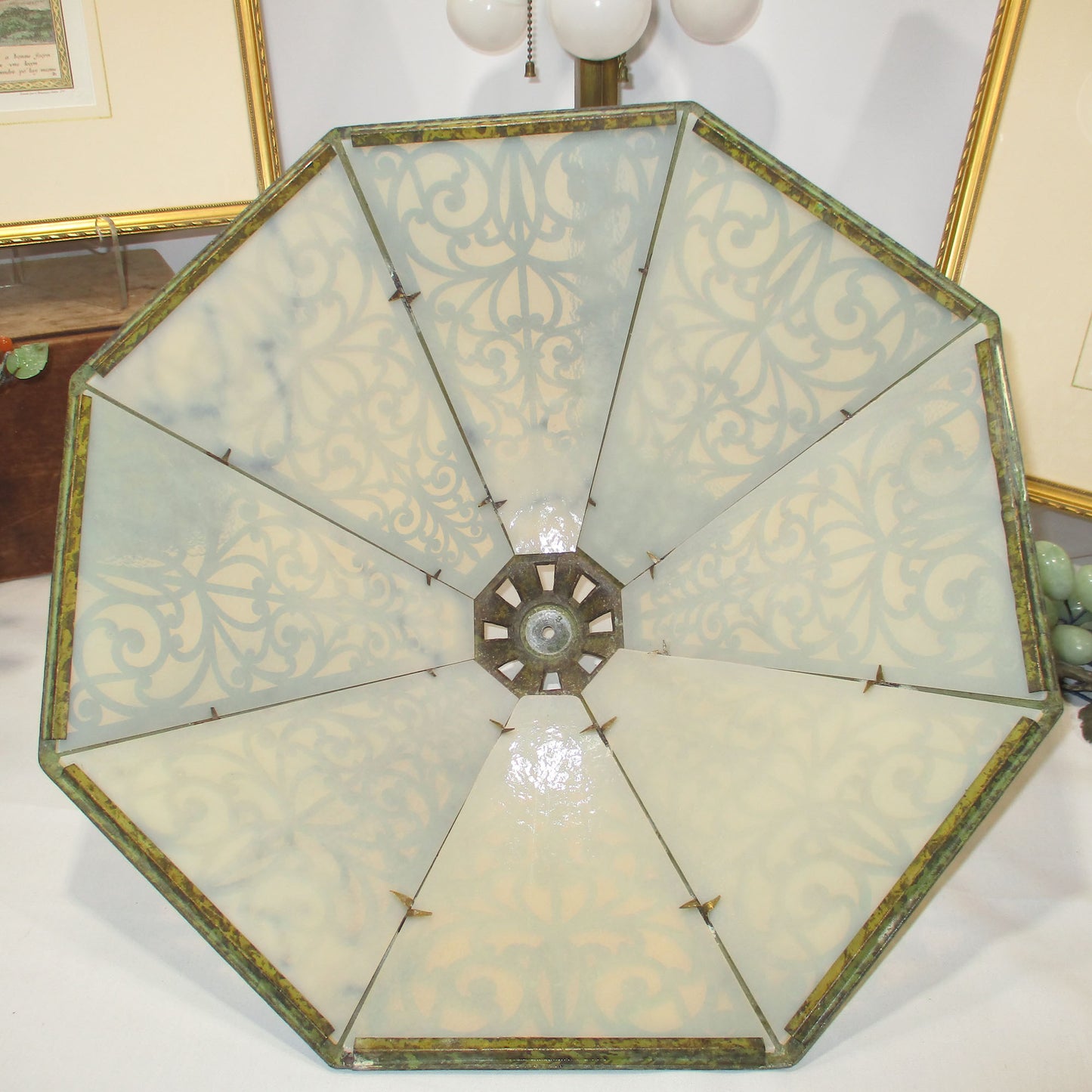 Signed Bradley and Hubbard Frog skin Slag Glass Triple Light Lamp 1920's PG 48