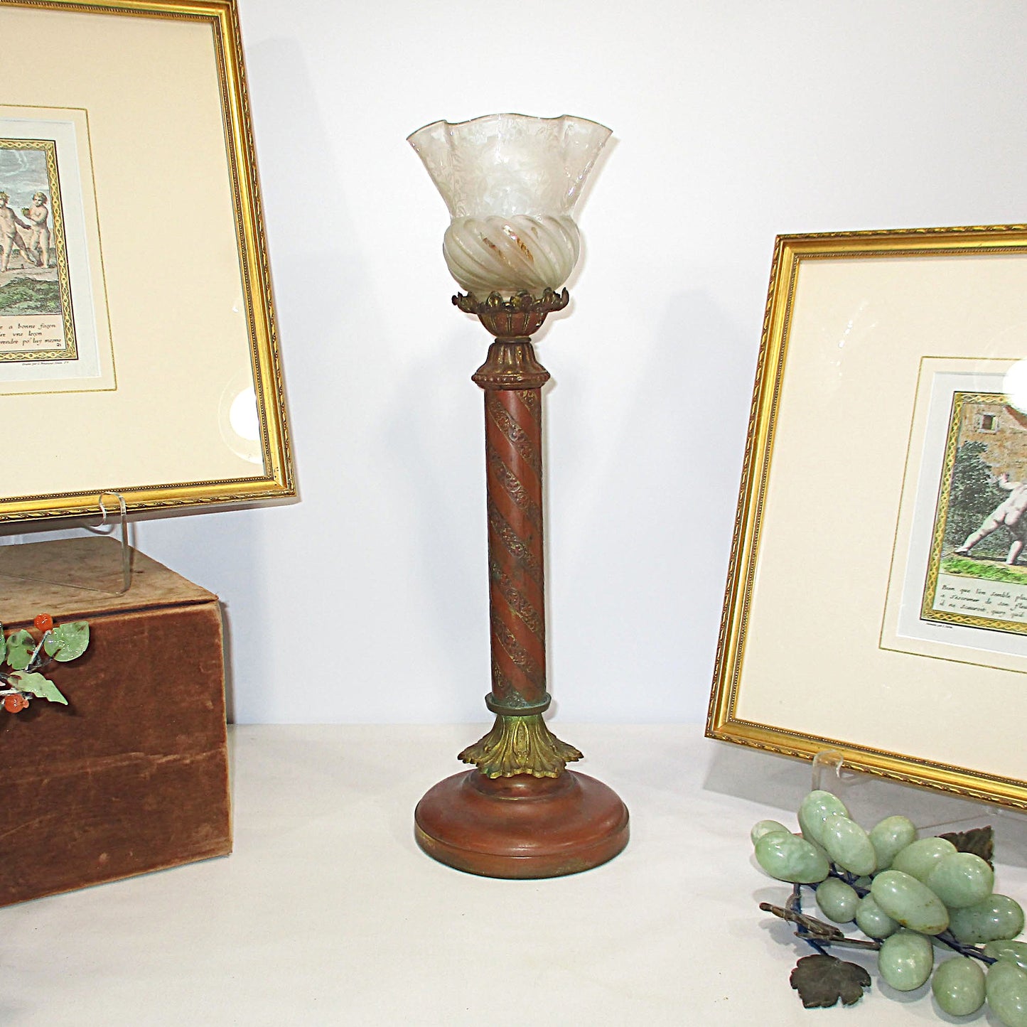 Victorian Bronze and Acid Etched Swirl Art Glass Torchiere Lamp