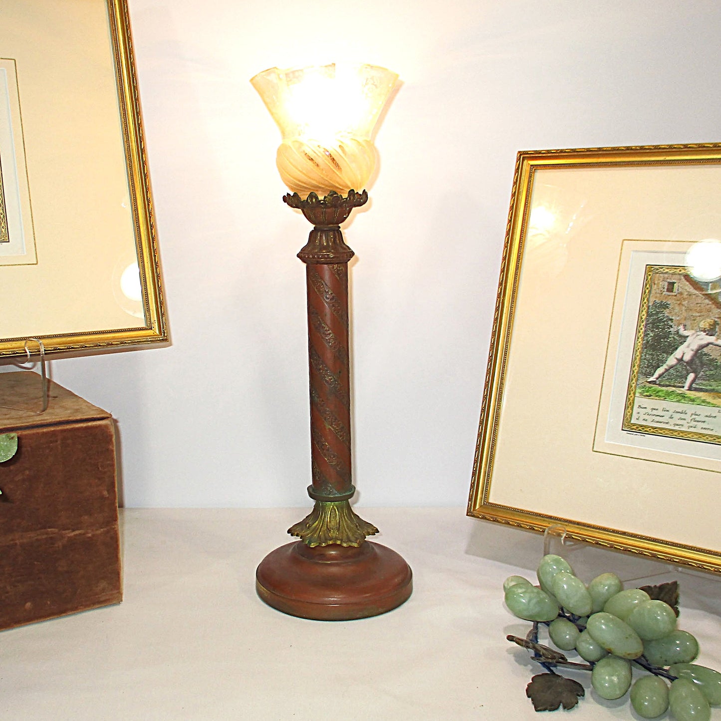Victorian Bronze and Acid Etched Swirl Art Glass Torchiere Lamp