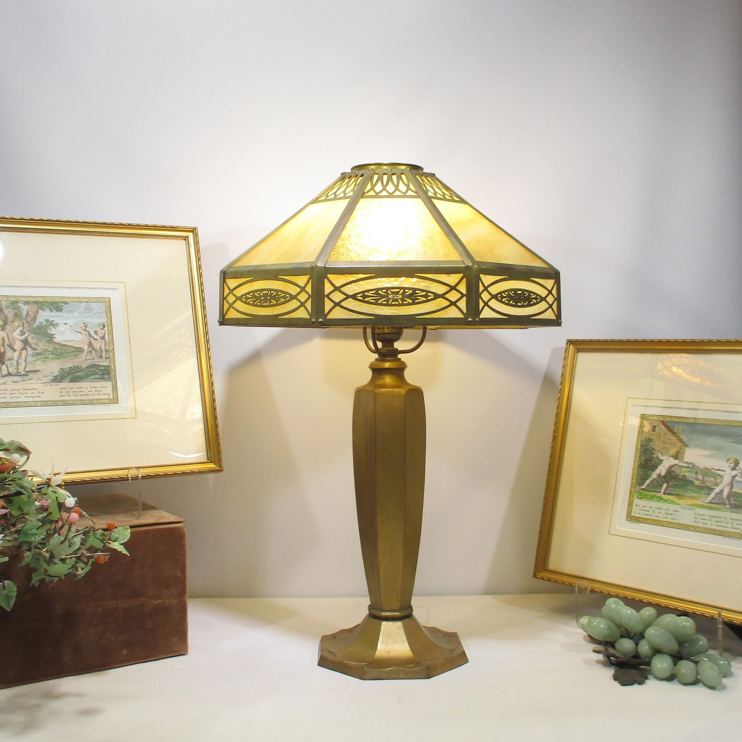 Bradley & Hubbard Slag Glass Craftsman Era Brass Lamp
