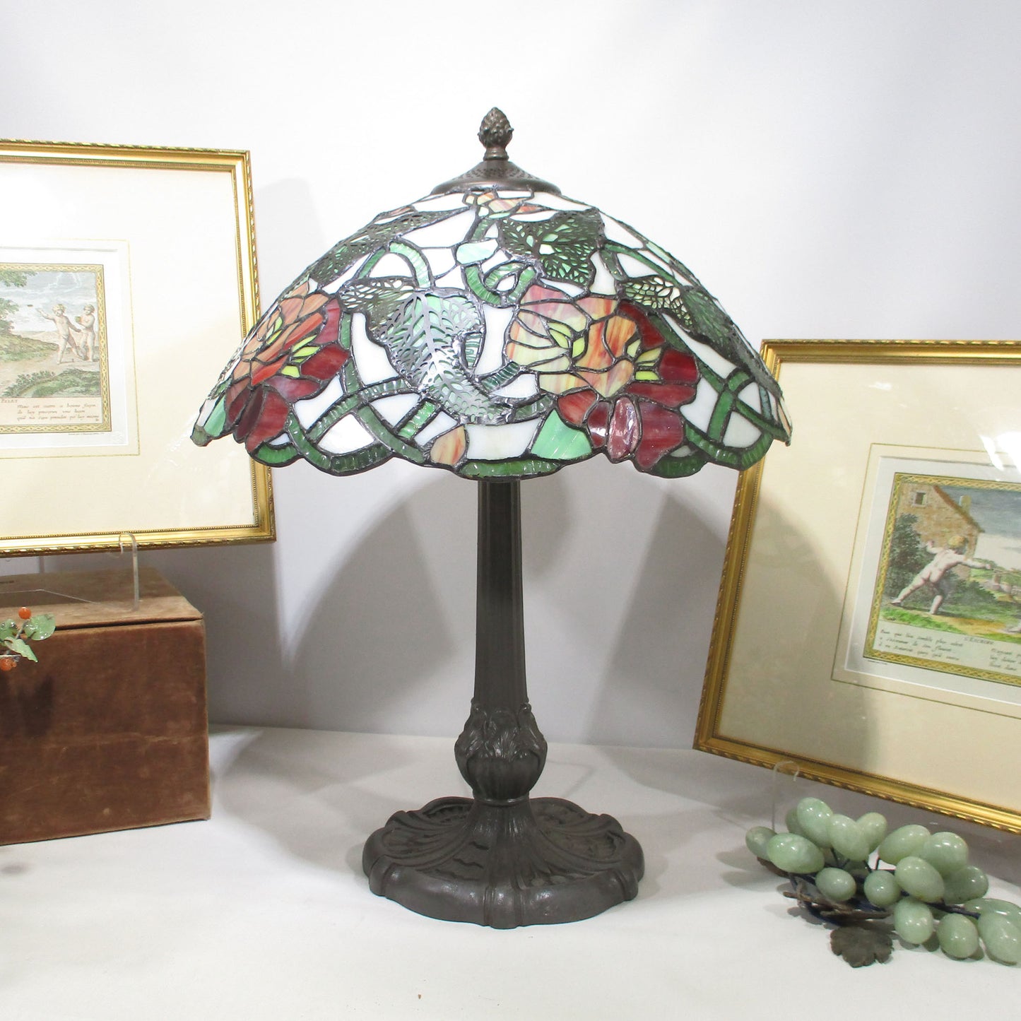 Poppy Leaded Stained Slag Glass Lamp on Cast Iron Gas Base