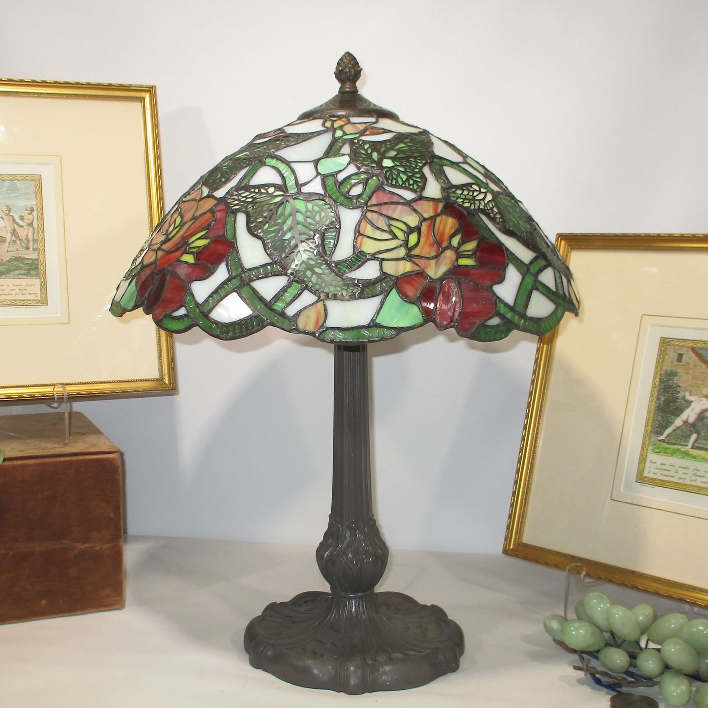 Poppy Leaded Stained Slag Glass Lamp on Cast Iron Gas Base